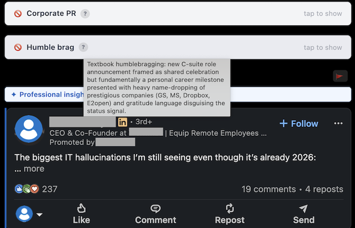 LinkedIn post filtered by CleanedIn as humble brag